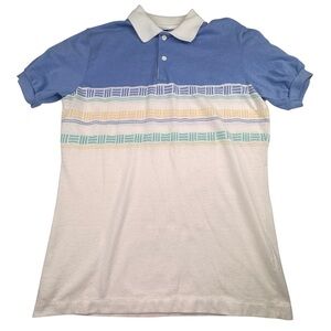 Vintage Jantzen Polo Shirt Men's Medium Blue Striped Stretch Classic Tee 1970s